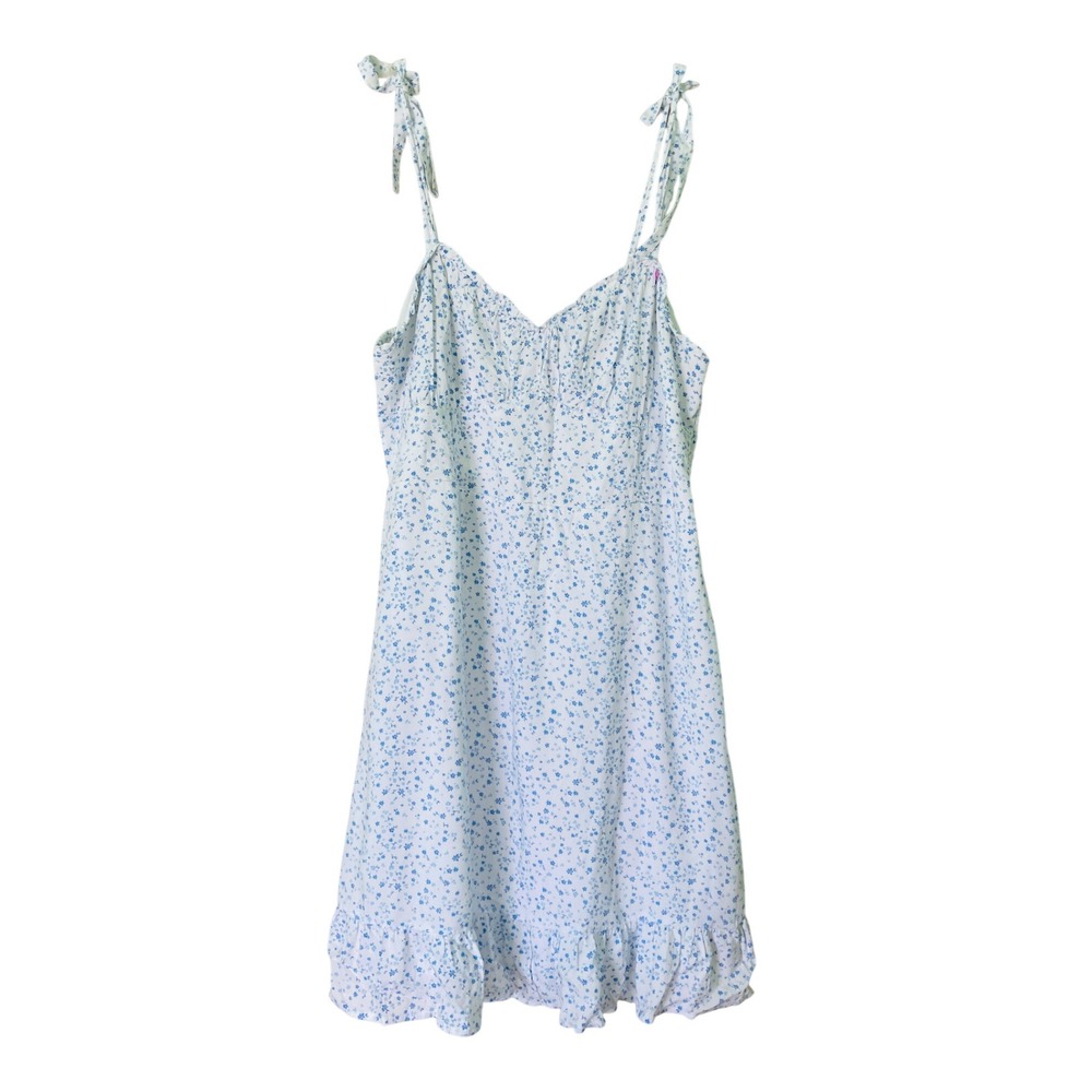 Hollister‎ Babydoll Mini Sundress White Blue Ditsy Floral Lined Ruffle (Size L) - Picture 2 of 14